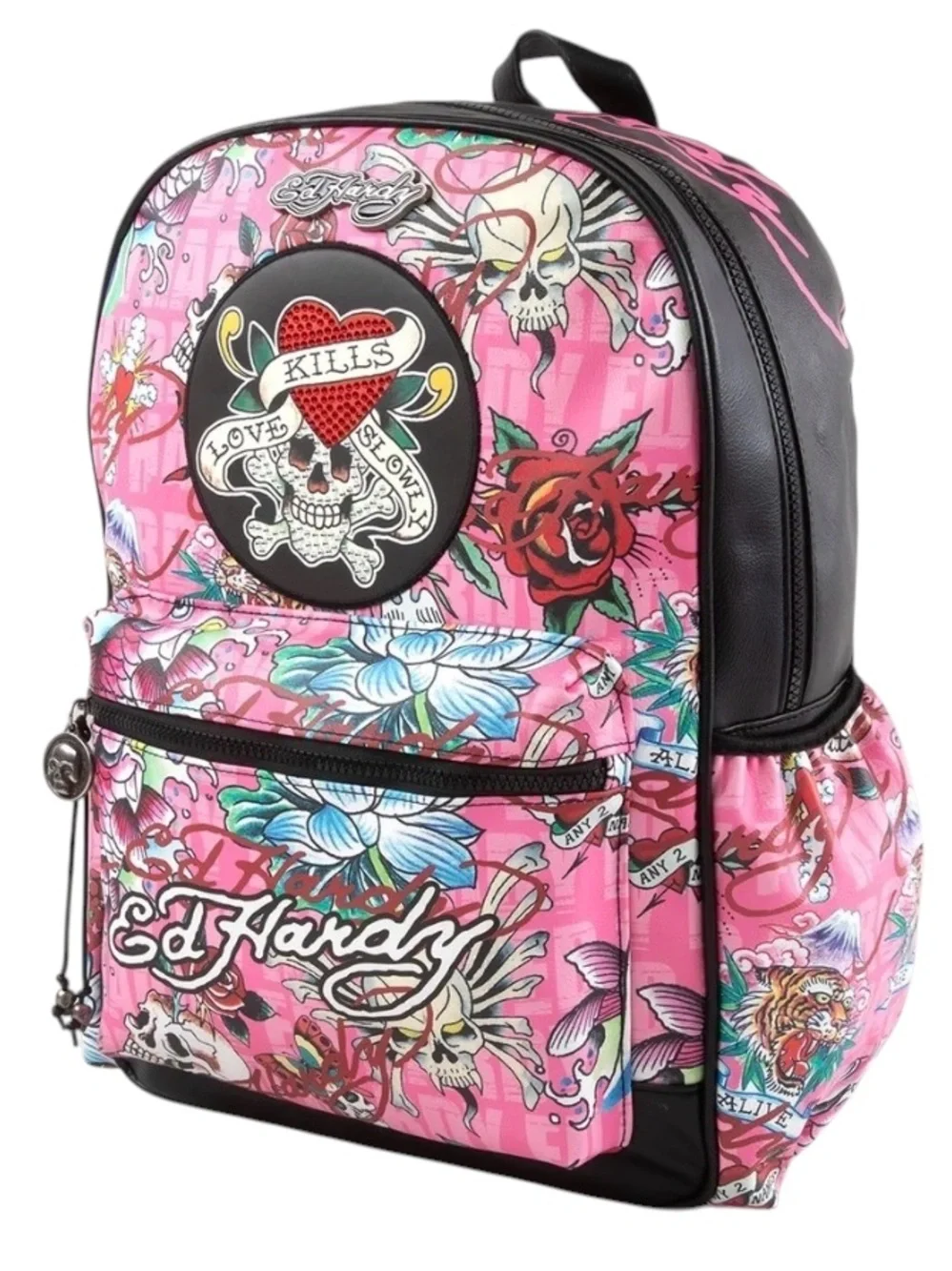 Ed Hardy Large Pink Tattoo Heart & Skull Backpack